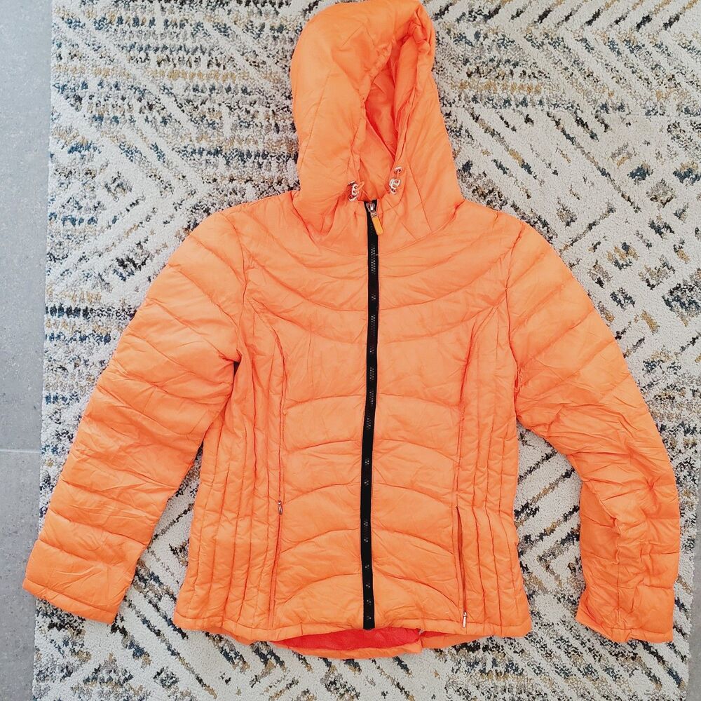 Calvin Klein Packable Puffer Jacket Orange Lightweight Down Coat Travel Hike SZM